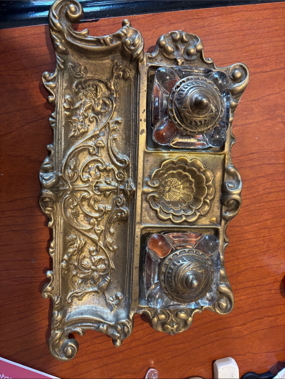 Vintage-Style Brass Double Inkwell and Pen Tray - Gold